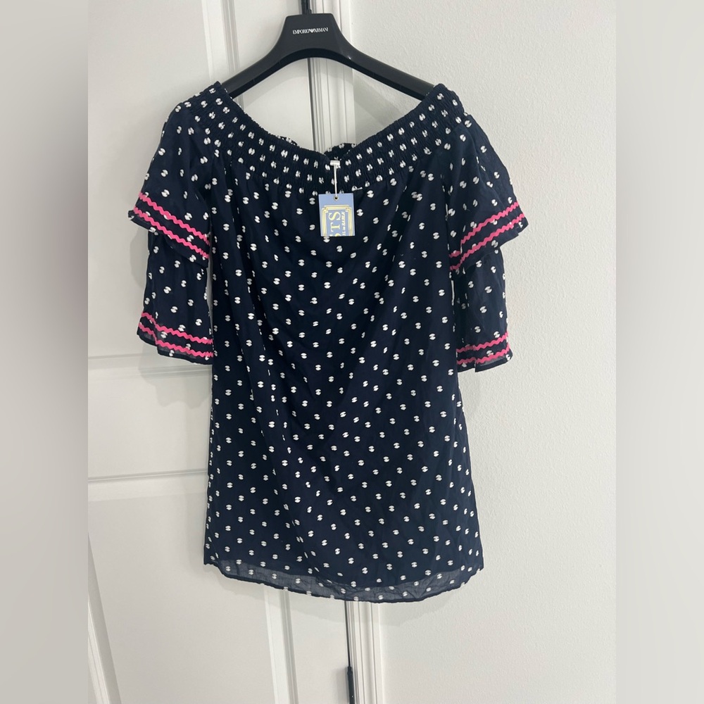 NWT  Sail to Sable Navy Shift Dress Ruffled Pink Sleeves Off Shoulder Beach S